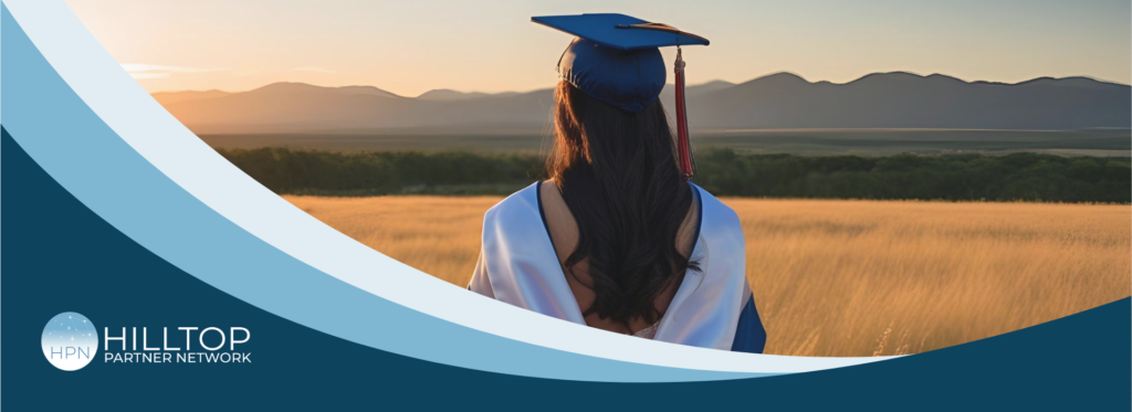 A woman in a graduation gown and hat, standing in front of a golden field. The Hilltop Partner Network (HPN) logo appears in the foreground.
