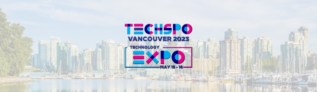 Vancouver skyline and TECHSPO Vancouver 2023 logo