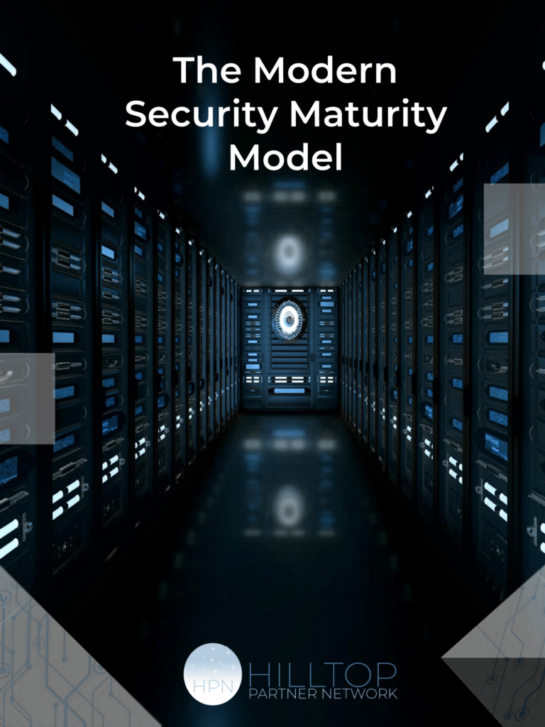 A black and blue server room, which is the cover of a guidebook entitled The Modern Cybersecurity Maturity Model