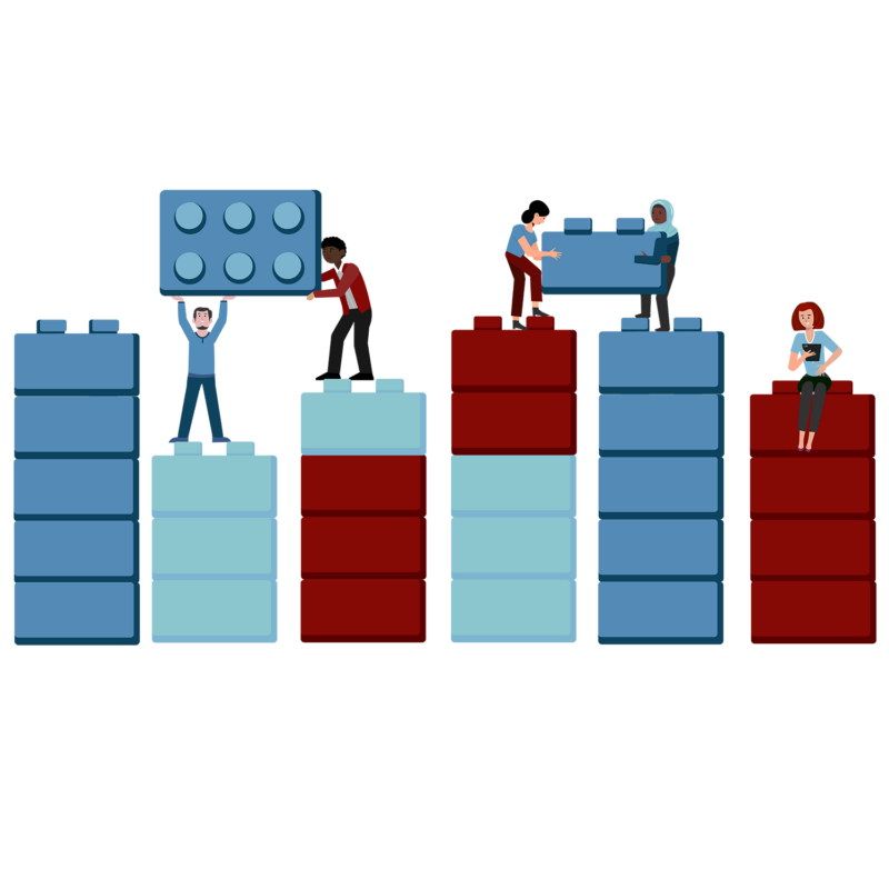 a team of animated people stacking blue, red and green building blocks into towers