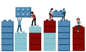a team of animated people stacking blue, red and green building blocks into towers