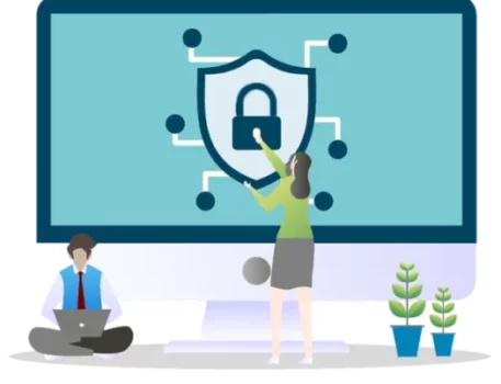 animated people working with a giant lock and shield image